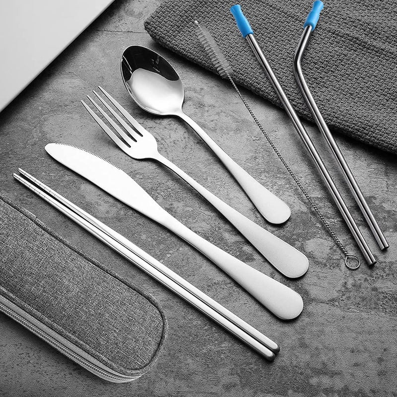 OASMU Travel Utensils Set with Case Reusable Portable Cutlery Set Stainless Steel 8pcs Including Dinner Knife Fork Spoon Chopsticks Straws(Silver) - Image 2